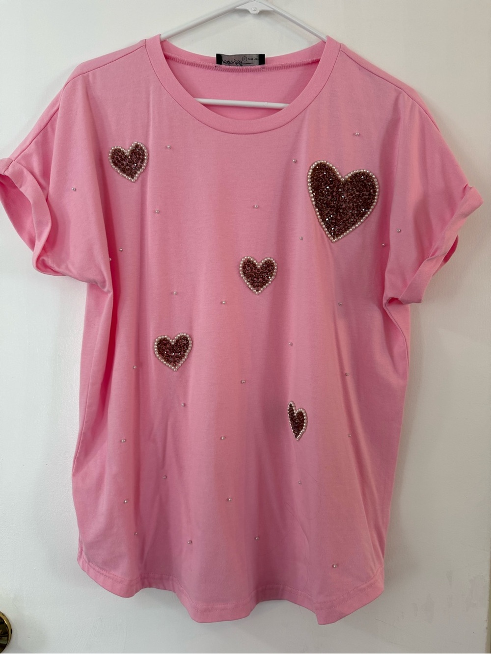 Women's Pink Heart Beaded Tee